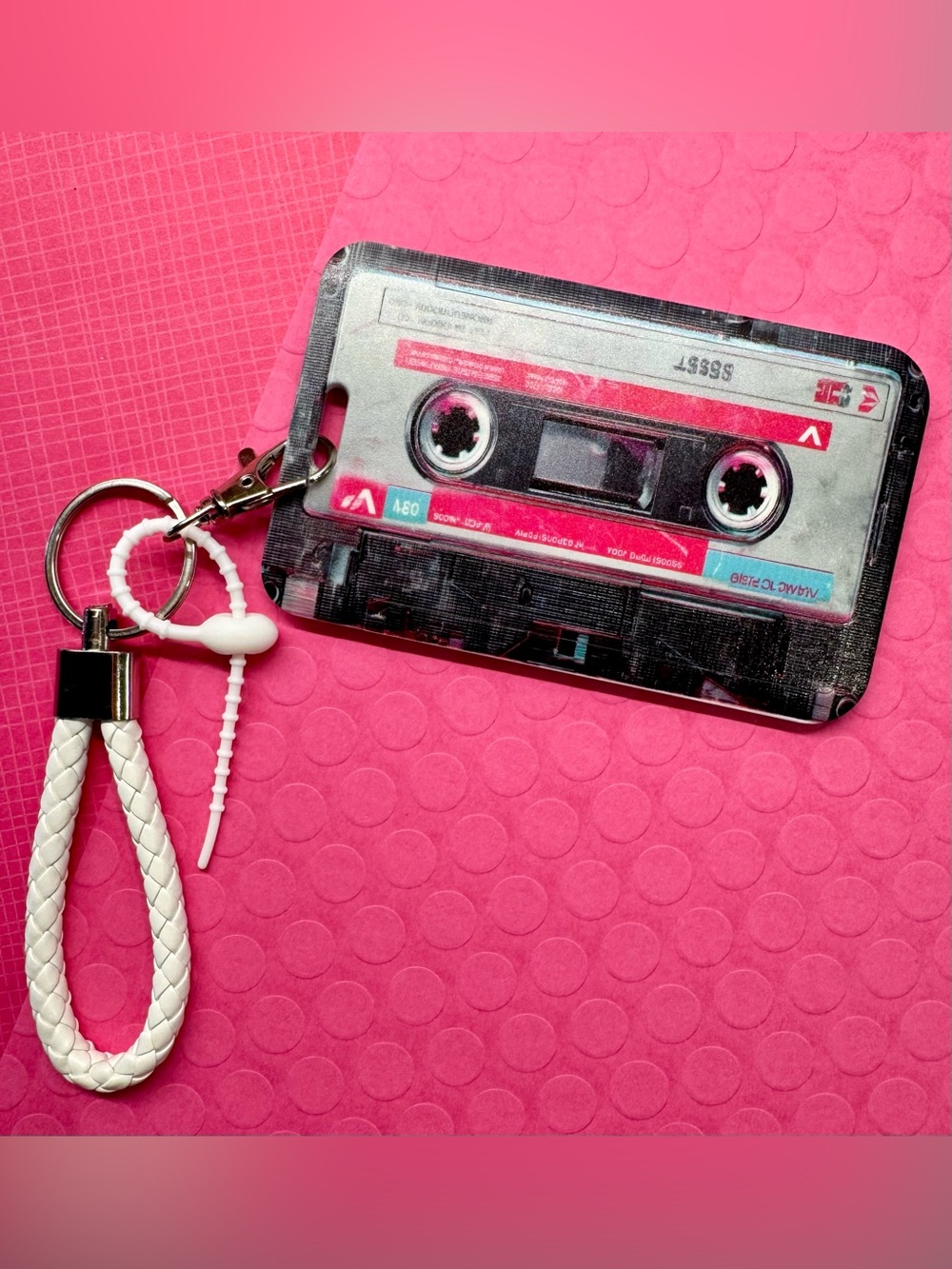 New Retro 80s 90s Style Cassette Tape ID Card Holder & Woven Keychain Handle - Picture 6 of 7